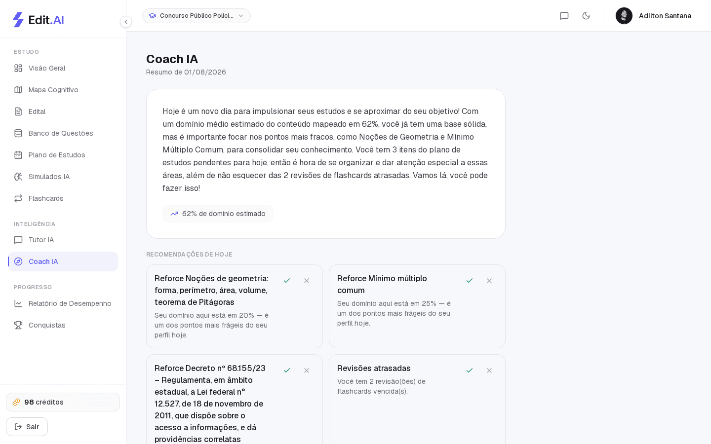 Resumo diário do Coach de IA citando pontos fracos reais do aluno