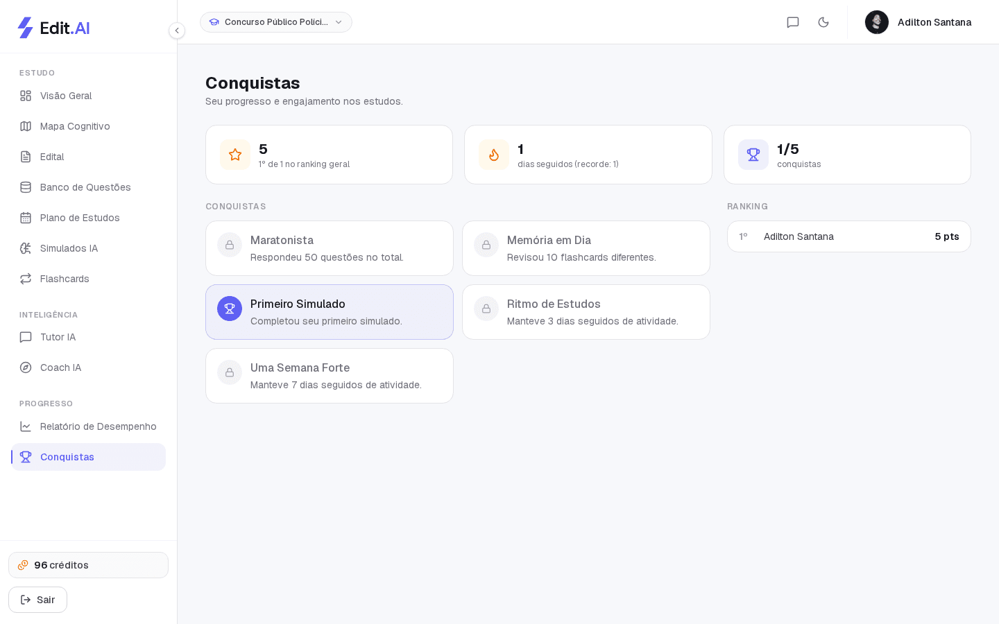 Conquistas, sequência de estudos e ranking de pontos