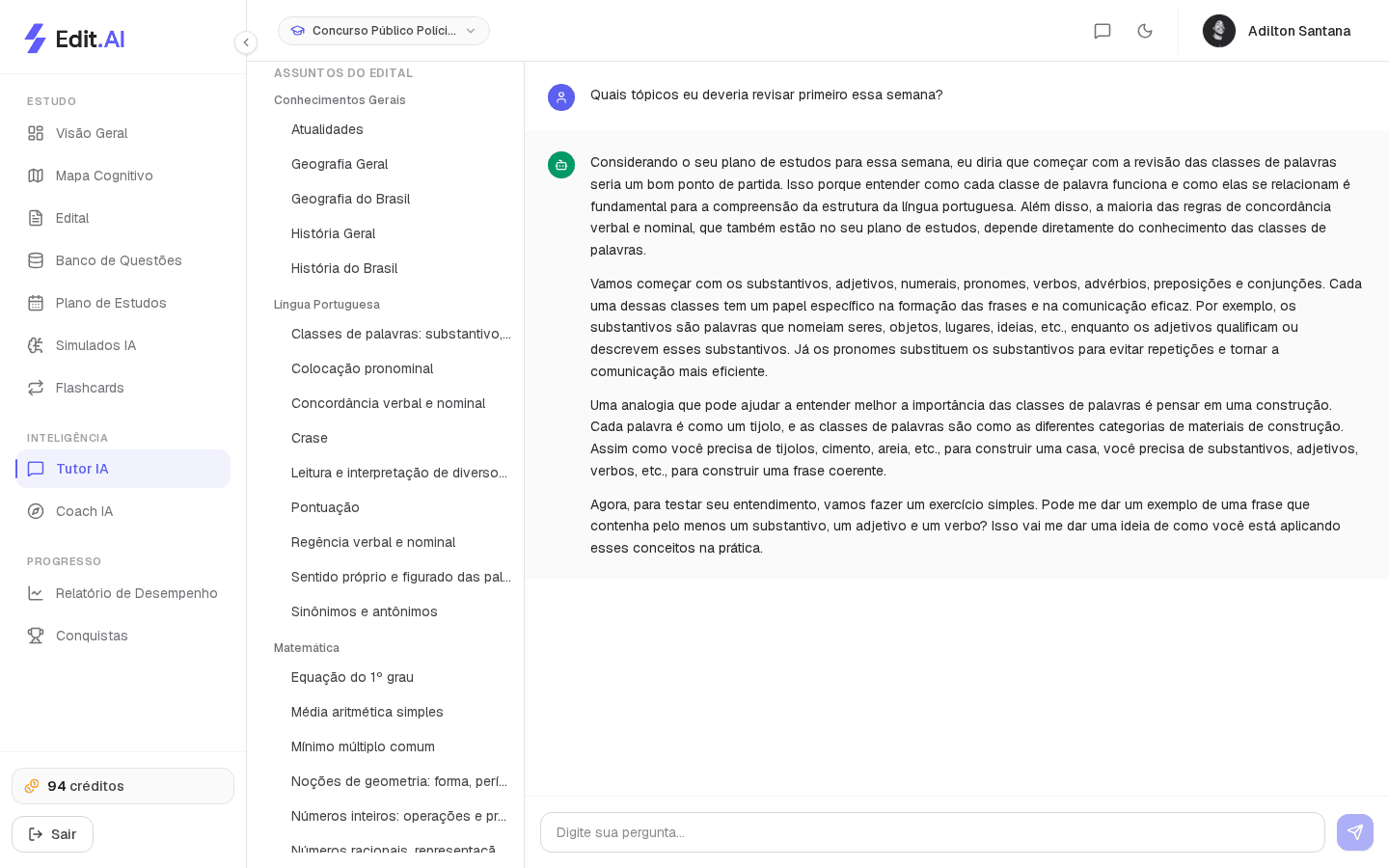 Tutor de IA respondendo com base no plano de estudos do aluno